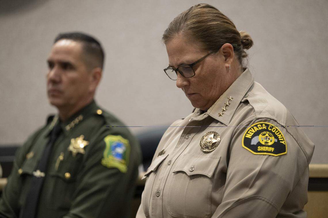 Nevada County Sheriff Shannan Moon reacts during a press conference at the Eric Rood Government Center in Nevada City on Wednesday, Feb. 18, 2026, regarding an avalanche that took place the day prior in the backcountry.