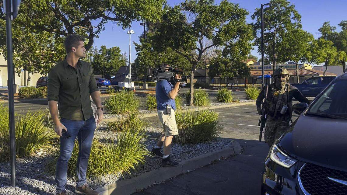 Fox News correspondent Bill Melugin stands near the van holding Jose Castillo, who was detained by U.S. Border Patrol officers, at the Home Depot on Florin Road in an image from video on Thursday, July 17, 2025.