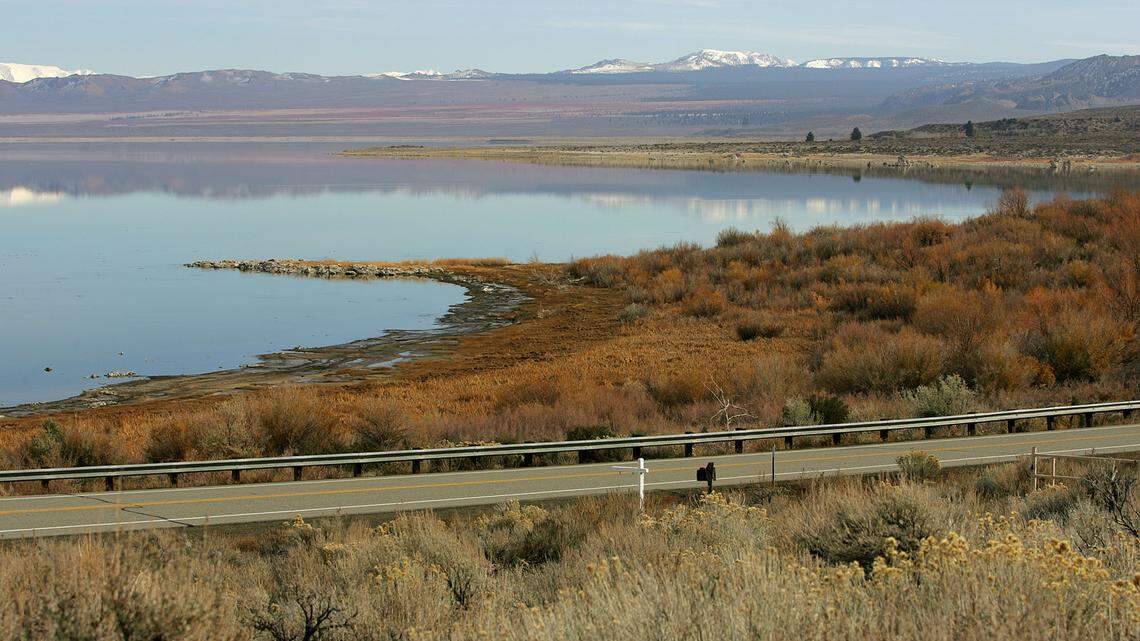 Mono Lake is seen from a hillside across Highway 395 in 2004. A snowplow driver discovered two bodies in a double murder case just before dawn Monday on a remote stretch of Highway 395 in Mono County, California officials say.