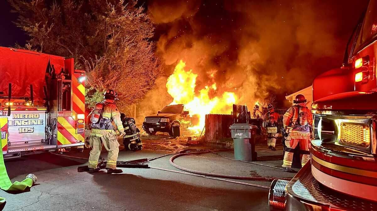Crews from the Sacramento Metropolitan Fire District fought a blaze at a home Wednesday, Sept. 11, 2024, on the 1500 block of Rowena Way in Arden Arcade. Firefighters limited the spread to one home. Metro Fire said two adults and five children were displaced.