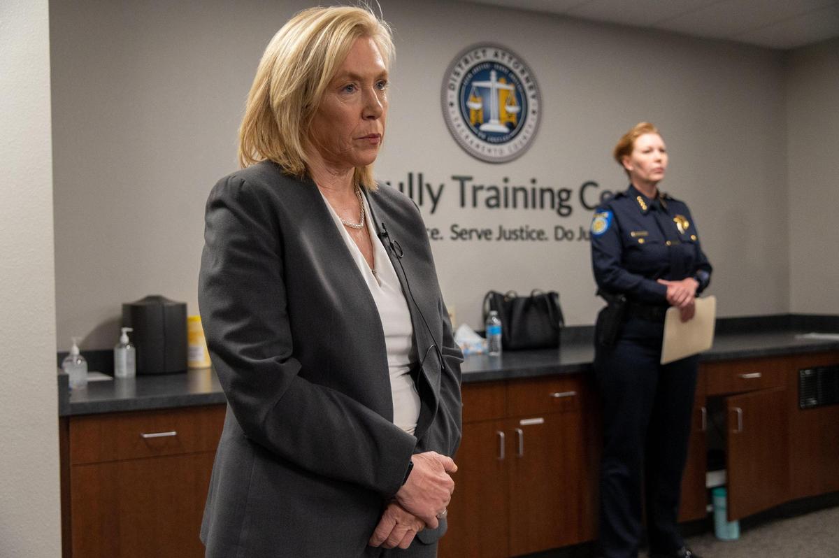 Sacramento County District Attorney Anne Marie Schubert, left, and Sacramento Police Department Chief Katherine Lester announce at the Sacramento County District Attorney’s Office on Tuesday, May 3, 2022, that murder charges have been filed against Smiley Martin, Dandrae Martin and Mtula Payton for the April 3 gang shooting in downtown Sacramento.