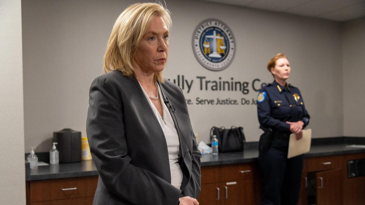 Sacramento County District Attorney Anne Marie Schubert, left, and Sacramento Police Department Chief Katherine Lester announce at the Sacramento County District Attorney’s Office on Tuesday, May 3, 2022, that murder charges have been filed against Smiley Martin, Dandrae Martin and Mtula Payton for the April 3 gang shooting in downtown Sacramento.