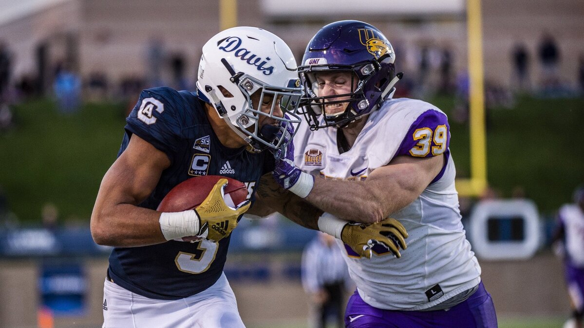 Receiver Keelan Doss (3), running for yardage during UC Davis’ win over Northern Iowa on Dec. 1, 2018, had a nine-catch, 143-yard day in his final game with the Aggies, a 34-29 loss at Eastern Washington on Dec. 8 in the FCS quarterfinals.