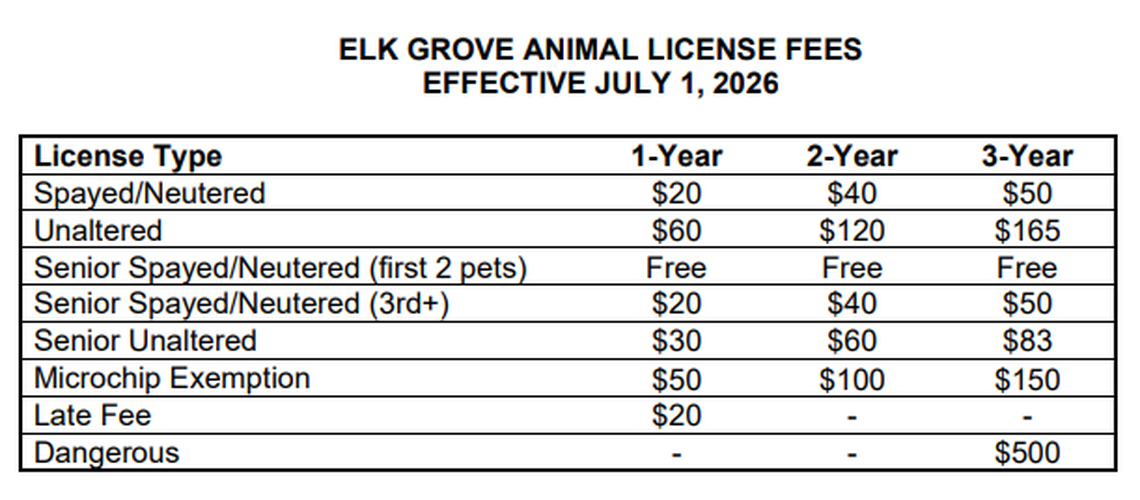 The Elk Grove City Council approved an increase in animal licensing fees for residents on Wednesday, April 22, 2026. The table shows what the fees, effective July 1, will cost.