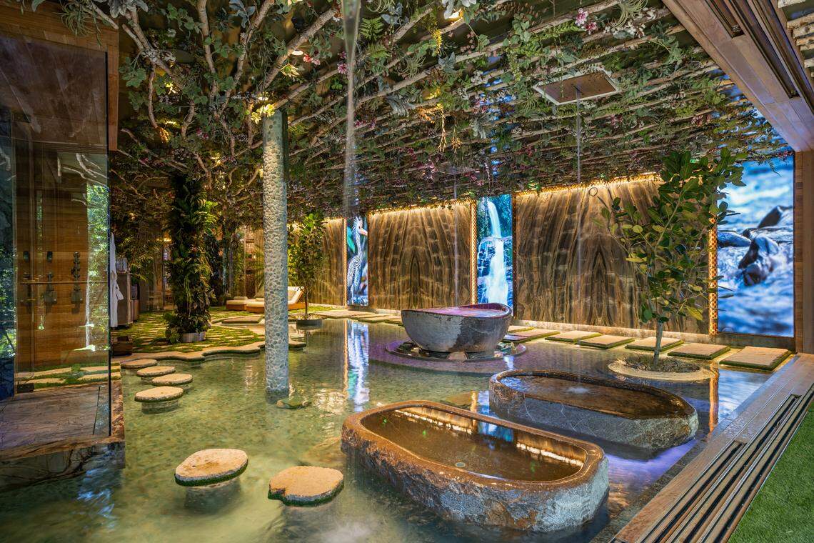 The jungle-like spa room of the Los Angeles, California estate.