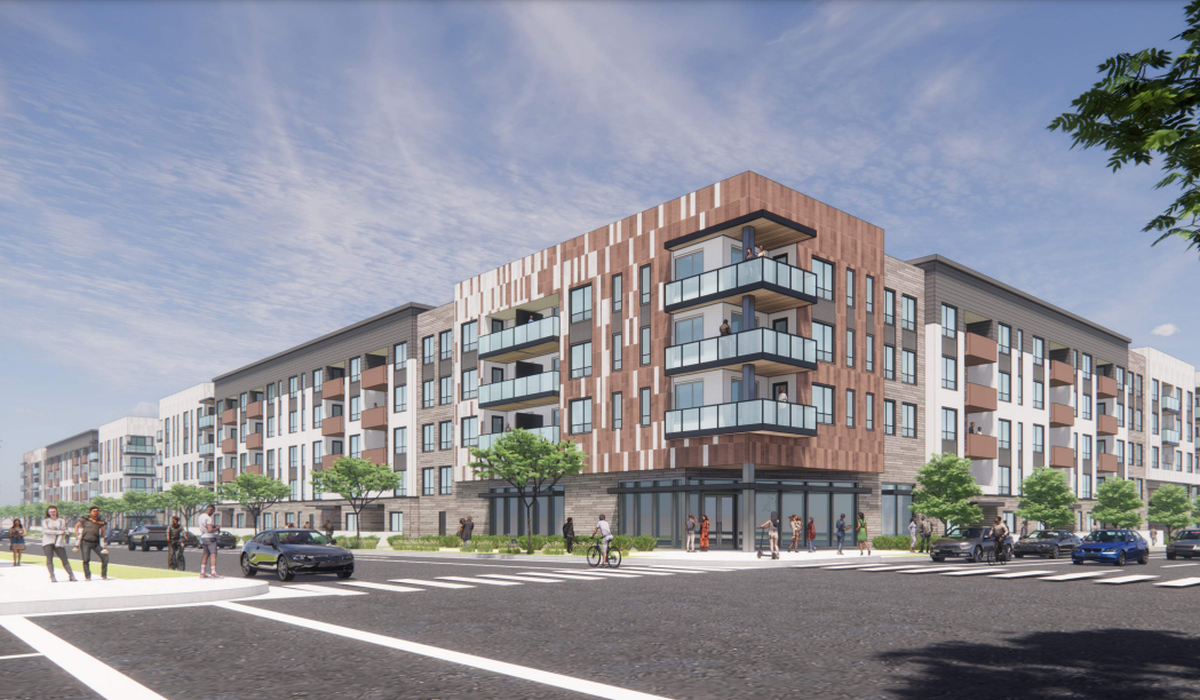 An architectural drawing shows plans for a 538-unit apartment community proposed for the corner of 21st and Q streets in midtown Sacramento, California. That corner is the site of the former headquarters of The Sacramento Bee.