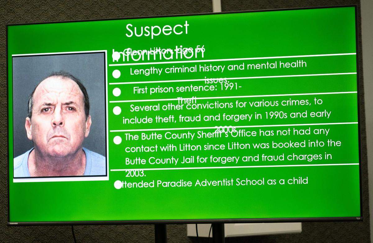 A picture of Glenn Litton, the 56-year-old suspect identified as the gunman in the Feather River Adventist School shooting, is projected at a law enforcement press conference on Thursday, Dec. 5, 2024. Two children are in critical condition after a school shooting in Oroville.