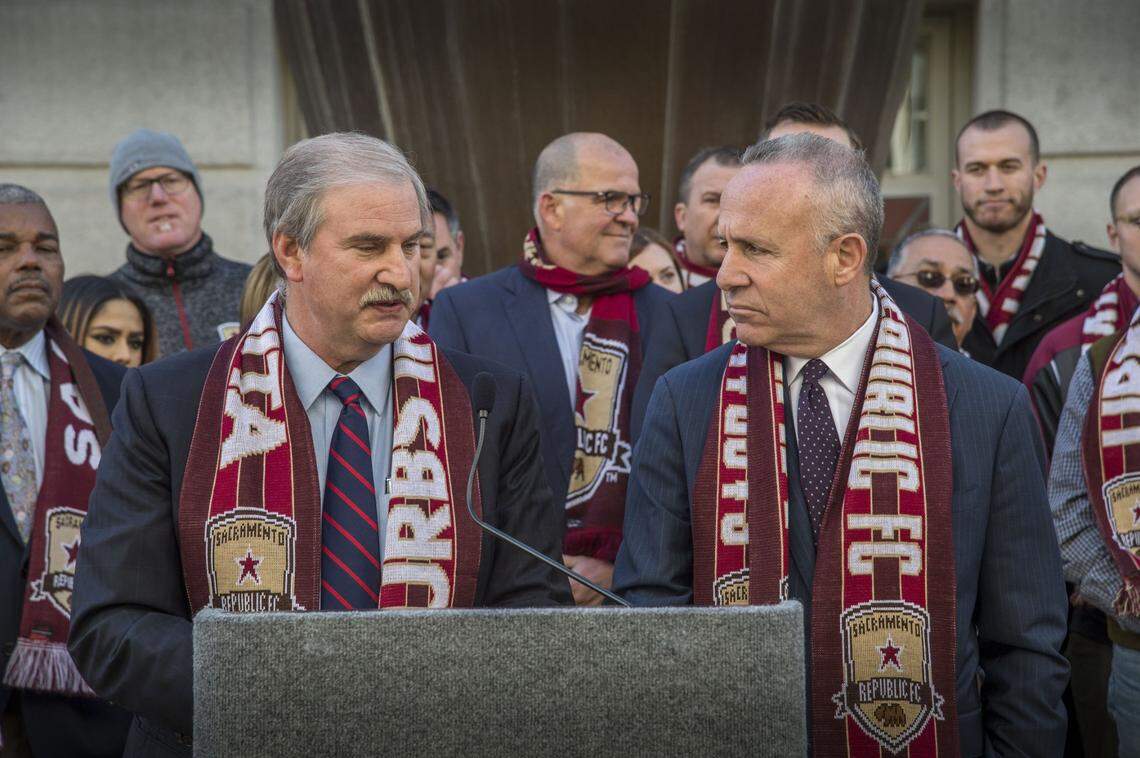 Republic FC owner Kevin Nagle and Mayor Darrell Steinberg talk in 2017 about the process of bringing MLS to Sacramento.