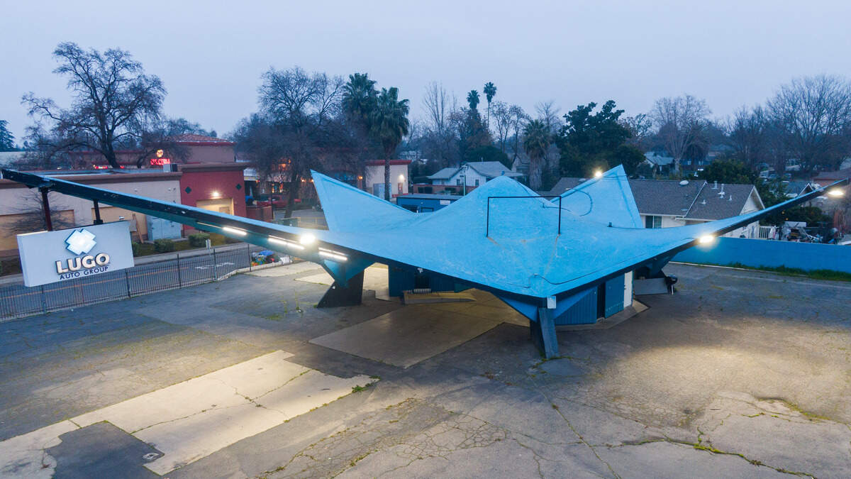 A former Orbitz gas station, designed in the midcentury Googie style, stands on Northgate Boulevard in Sacramento on Wednesday, the day the city’s Preservation Commission was considering recommending its inclusion on the local historic register.