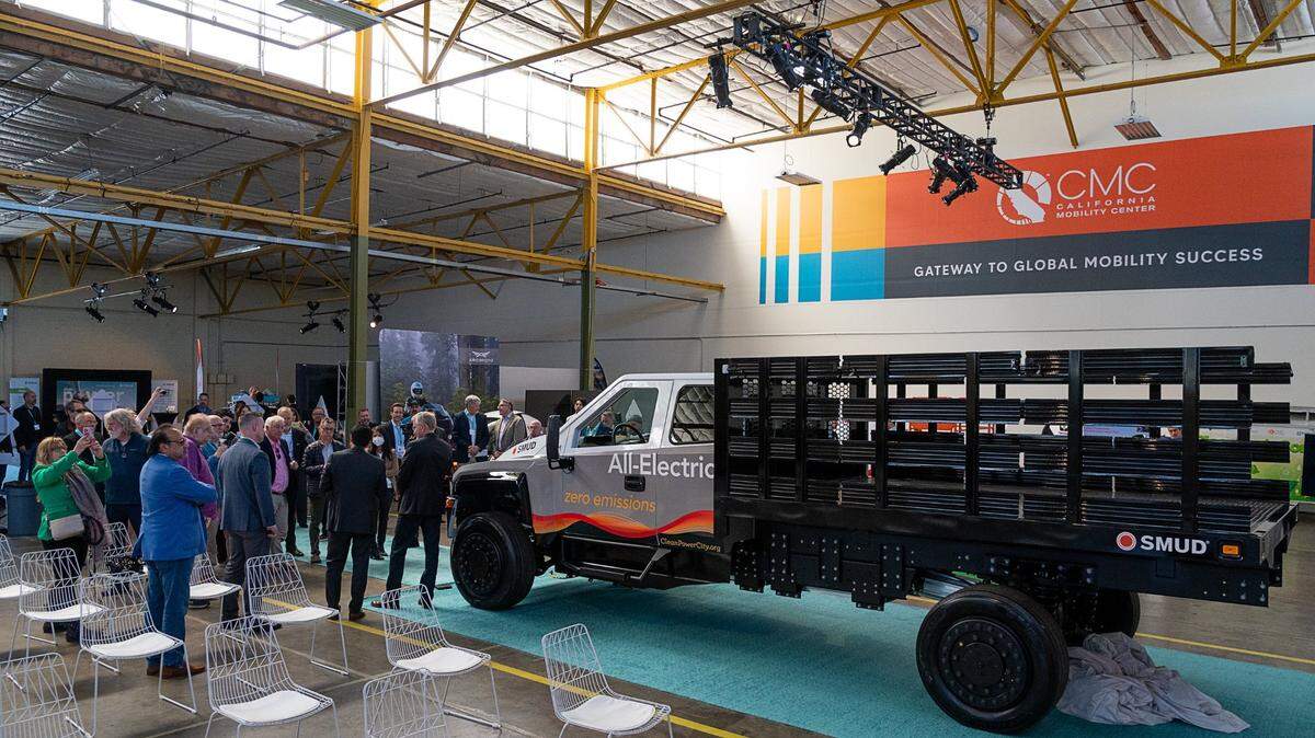 A new SMUD all-electric heavy duty work truck, manufactured by Zeus Electric Chassis, is at the California Mobility Center in Sacramento on March 17, 2022. California’s move to an electric fleet by 2045 is being challenged by the trucking industry and the Trump Administration in federal court.  