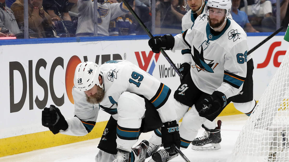 San Jose’s Joe Thornton celebrates after scoring in second period in Game 3 on Wednesday.