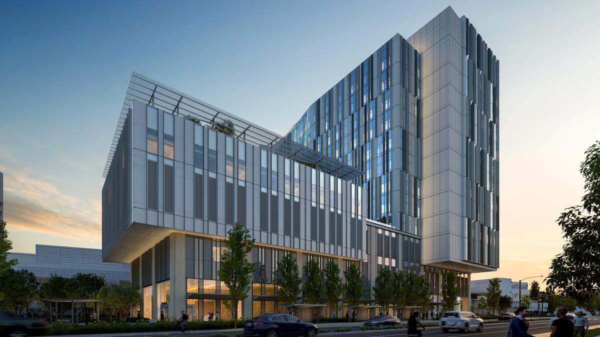 A rendering shows the southwest aerial view of the California Tower, a 14-story building that is supposed to be completed in 2030 as an expansion to UC Davis Medical Center in Sacramento.