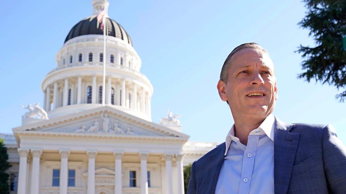 California Republican U.S. Senate candidate Mark Meuser in front of the state Capitol in Sacramento on Thursday.