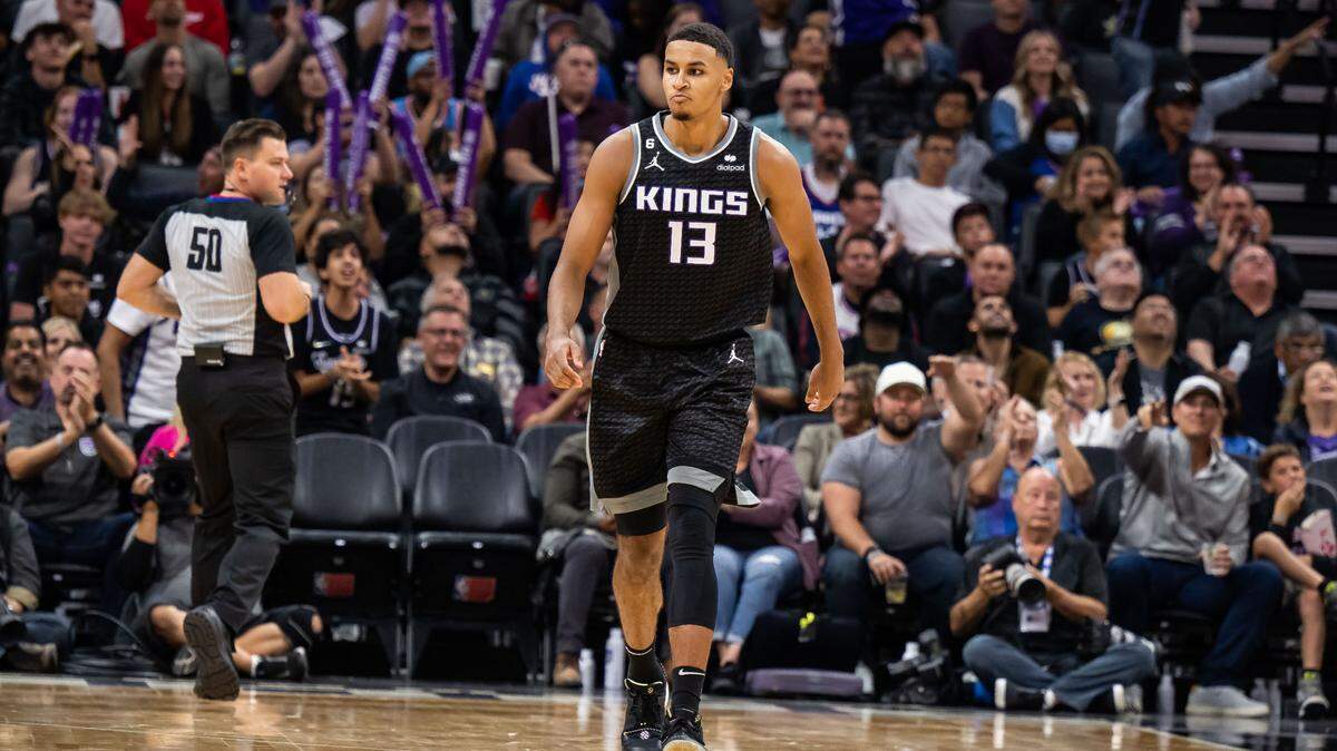 Sacramento Kings forward Keegan Murray (13) trots back for defense after sinking a three point basket against the Los Angeles Clippers during the fourth quarter of the NBA basketball game Saturday, Oct. 22, 2022, at Golden 1 Center in Sacramento.