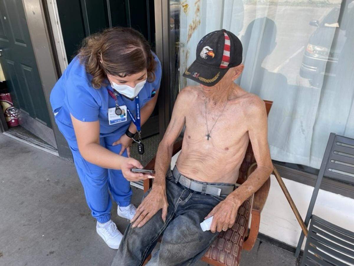 Outreach street nurse Nora Romo Vazquez shares the good news that 79-year-old George, who lives in a motel, can discontinue chemotherapy for his skin cancer. Romo administered the chemo right in his motel because he didn’t want to leave his sick wife, Evelyn, to go in for treatment.