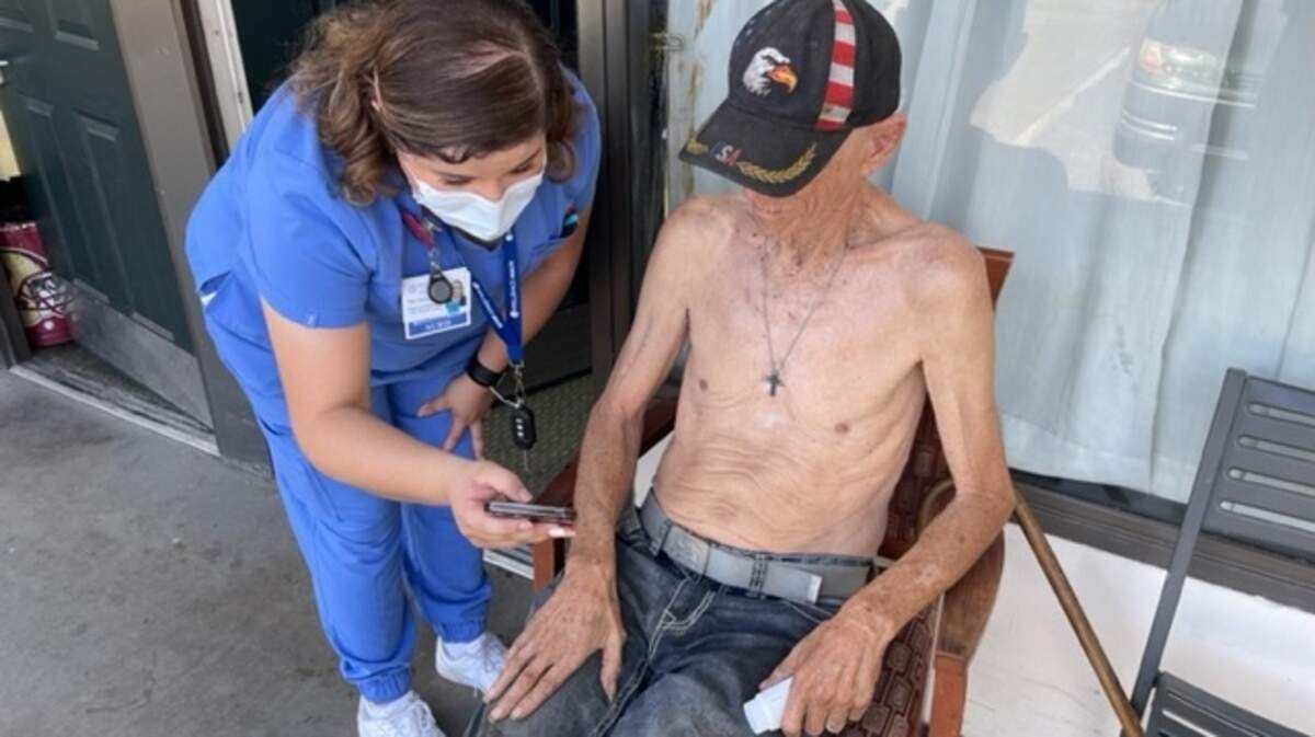 Outreach street nurse Nora Romo Vazquez shares the good news that 79-year-old George, who lives in a motel, can discontinue chemotherapy for his skin cancer. Romo administered the chemo right in his motel because he didn’t want to leave his sick wife, Evelyn, to go in for treatment.