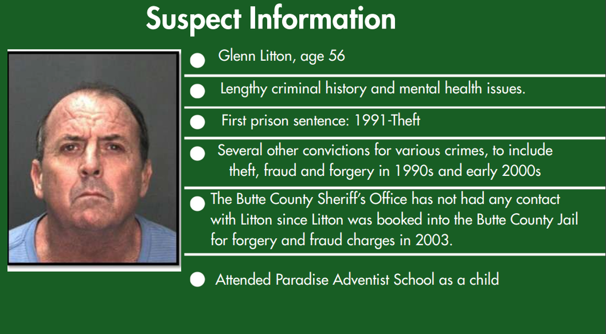 A presentation slide showing Glenn Litton, the 56-year-old suspect identified as the gunman in the Feather River Adventist School shooting, was displayed at a Butte County Sheriff’s Office press conference on Thursday.