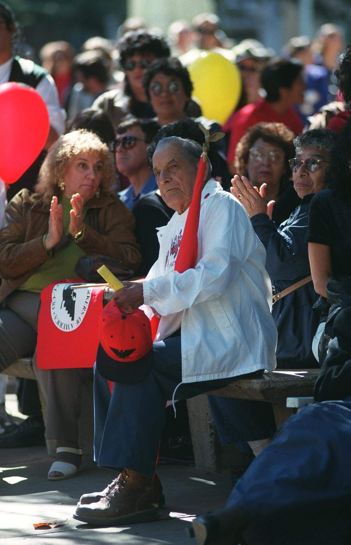 Manuel Delgado, of Delano, listens to speakers during the grand opening of the Cesar E. Plaza in downtown Sacramento in 1997. Delgado said he has been a farm worker all his life and marched with Chavez and Arturo Rodriguez.