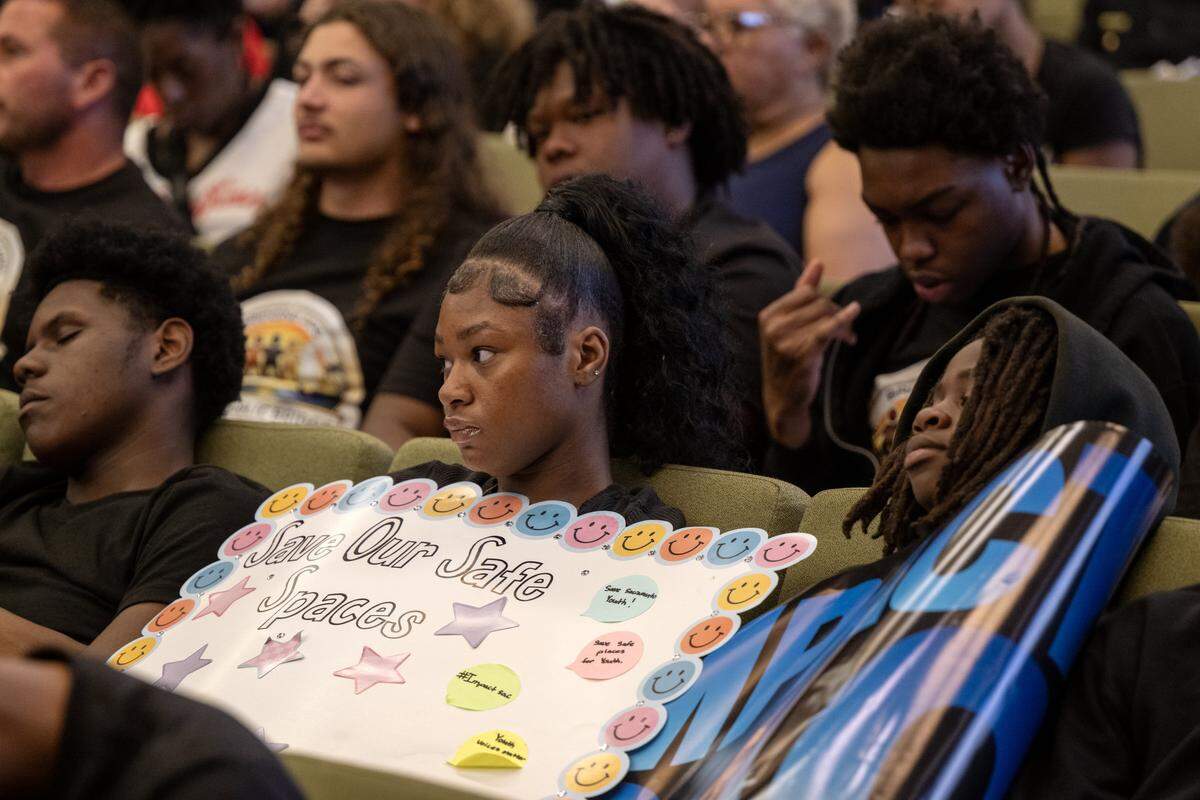 Kaylee Bullard, 17, a member of Impact Sac, listens during the Sacramento City Council’s discussion of budget cuts on Tuesday.