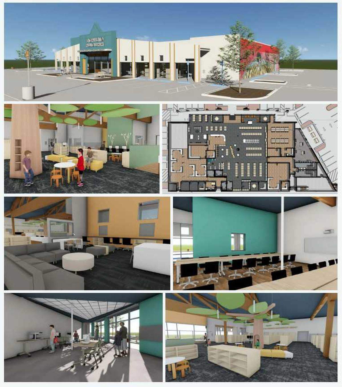 Renderings of the construction of the new North Sacramento-Hagginwood library. Construction will be completed by early 2027, according to a press release from the City of Sacramento.