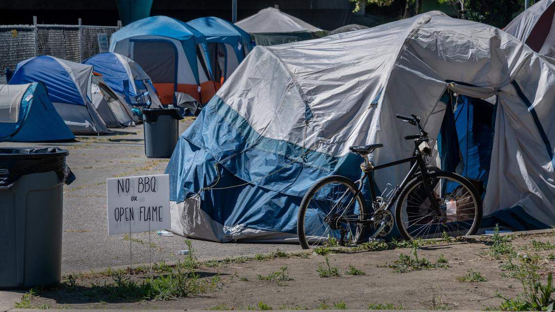 The W-X Safe Ground homeless encampment in Sacramento in 2021 at which Volunteers of America provided two free meals a day to people experiencing homelessness. Elk Grove approved a contract for Volunteers of America to manage transitional housing sites for the city’s homeless population.