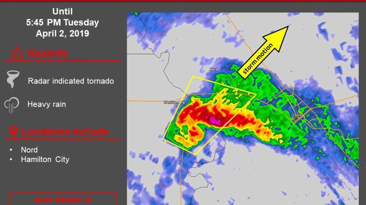 A tornado warning affecting Nord and Hamilton City was issued by the National Weather Service and will last until 5:45 p.m.