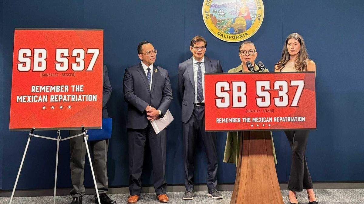 Senate Majority Leader Lena Gonzalez, D-Long Beach, calls for the state to commemorate the 1930s Mexican Repatriation during a press conference on Wednesday, Aug. 14, 2024.