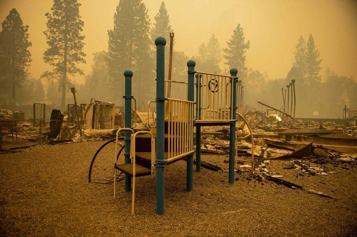 Devastation is seen at Berry Creek Elementary School in Berry Creek, Calif., on Wednesday, Sept. 9, 2020, after it was destroyed by the Bear Fire overnight. The blaze, part of the larger North Complex burning in Northern California, exploded in size Tuesday night and into Wednesday, forcing evacuation warnings and orders for at least 20,000 people in Butte County and reportedly inflicting widespread damage on the foothill community of Berry Creek.