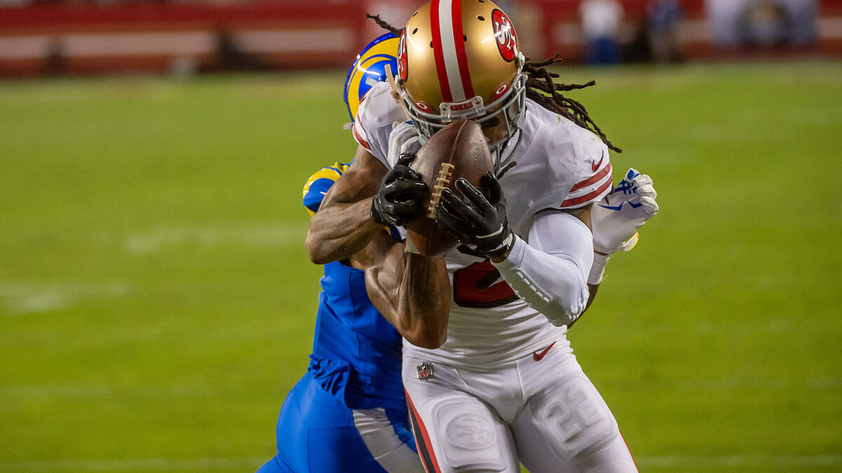 San Francisco 49ers cornerback Jason Verrett (22) intercepts pass for Los Angeles Rams wide receiver Josh Reynolds (11) in end zone in the third quarter during a game at Levi’s Stadium on Sunday, Oct. 18, 2020 in Santa Clara.