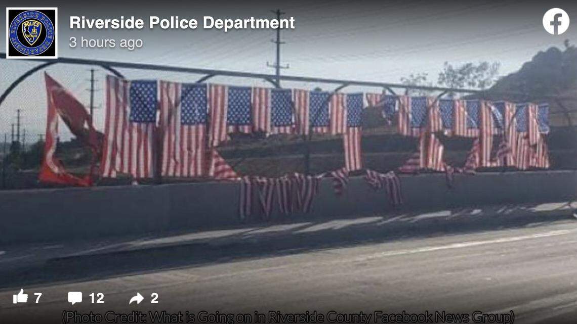 Someone tore up 13 U.S. flags and a U.S. Marine Corps flag hung on a California overpass to honor troopers killed in a bomb blast at the Kabul airport in Afghanistan, police say.
