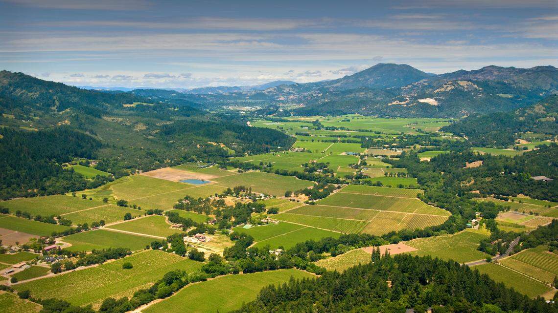 Aerial of the Napa Valley with St. Helena in the background.