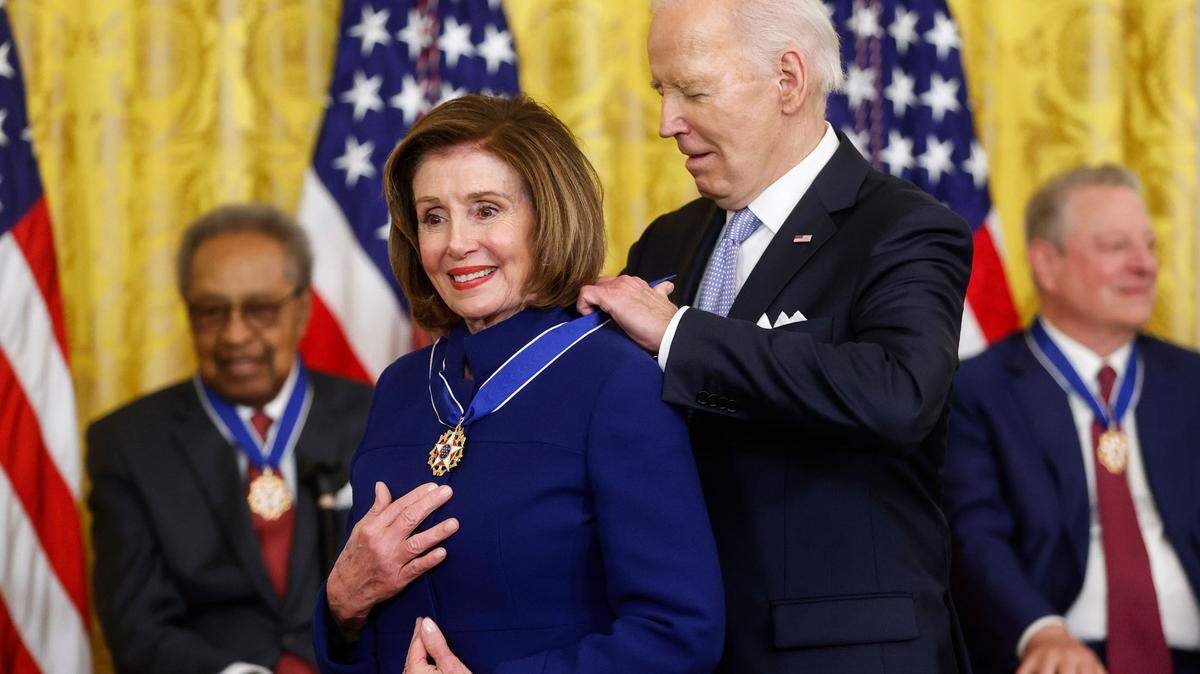 President Joe Biden presents former Speaker of the House Rep. Nancy Pelosi with the Presidential Medal of Freedom, the country’s highest civilian honor, during a ceremony at the White House on Friday, May 3, 2024.