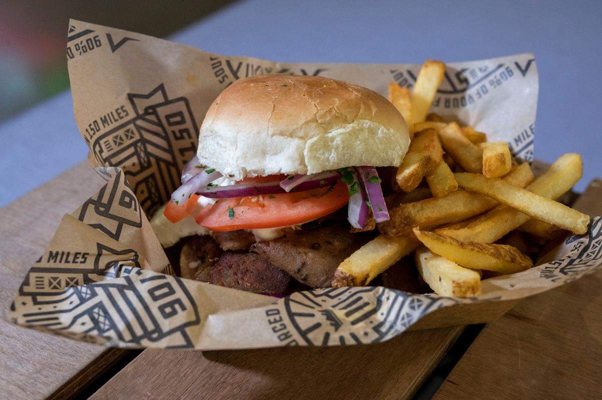 The Acropolis is a grassfed burger from Petra’s available with shaved gyro meat, feta cheese, tzatziki, red onion and tomato as one of the new Local Eats menu items for the Sacramento Kings 2022-23 NBA Season.