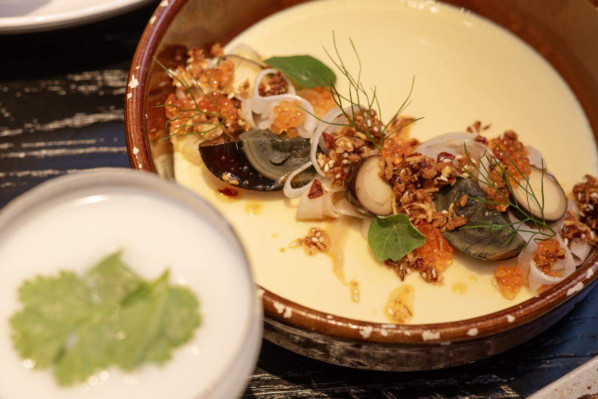 “Egg salad” at Chu Mai in Sacramento on Dec. 19. Served as a savory custard and topped with three types of egg, the dish reflects Ngo’s goal of evoking familiar flavors in unexpected, modern presentations.