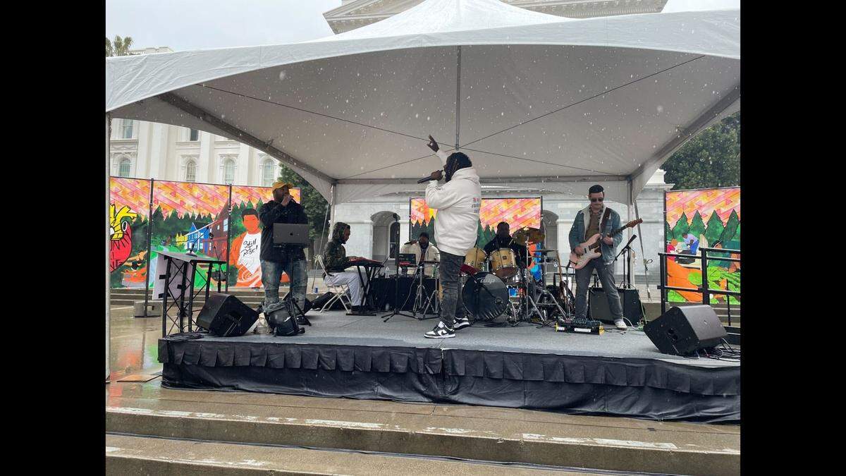 California 100 hosted an event that featured live music. Pictured from left to right. Front: Blake Milton, Antonio “Mission” Smith, and Dustin Loy. Back: Osmond Jackson, Elijah Jaron, and Isaiah Morris.