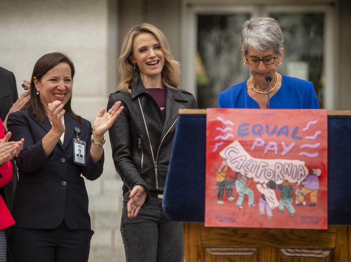 First Partner Jennifer Siebel Newsom, center, joined by Lt. Gov. Eleni Kounalakis, left, and Sen. Hannah-Beth Jackson, launches a campaign to narrow the gender pay gap in California on the east steps of the state Capitol on Monday, April 1, 2019.