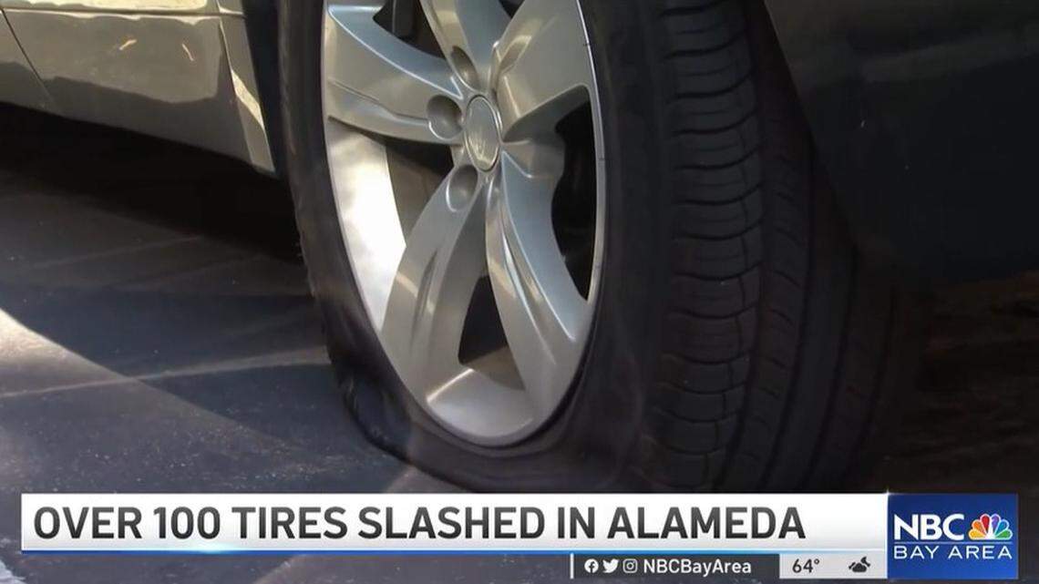 A 25-year-old man is accused of slashing hundreds of tires in Alameda in an overnight vandalism spree, California police say.