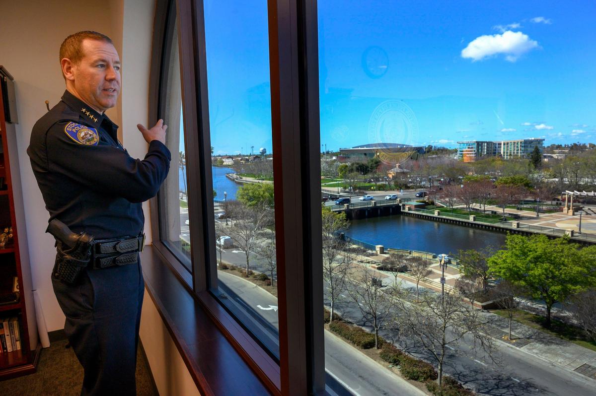 Stockton Police Chief Eric Jones looks over the city of Stockton from his office, Thursday, March 21, 2019. “We knew we needed to reconnect to the community,” Jones said recently.
