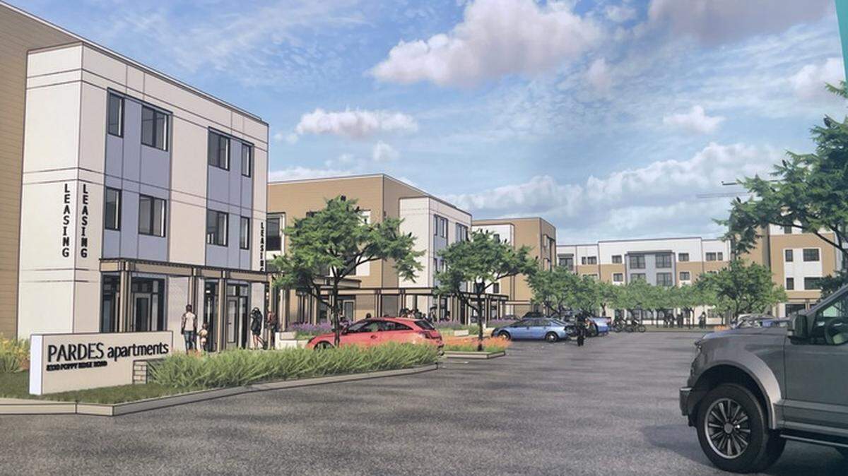 Concept art shows the planned Pardes Apartments, anticipated to be completed for Elk Grove residents by August 2025.