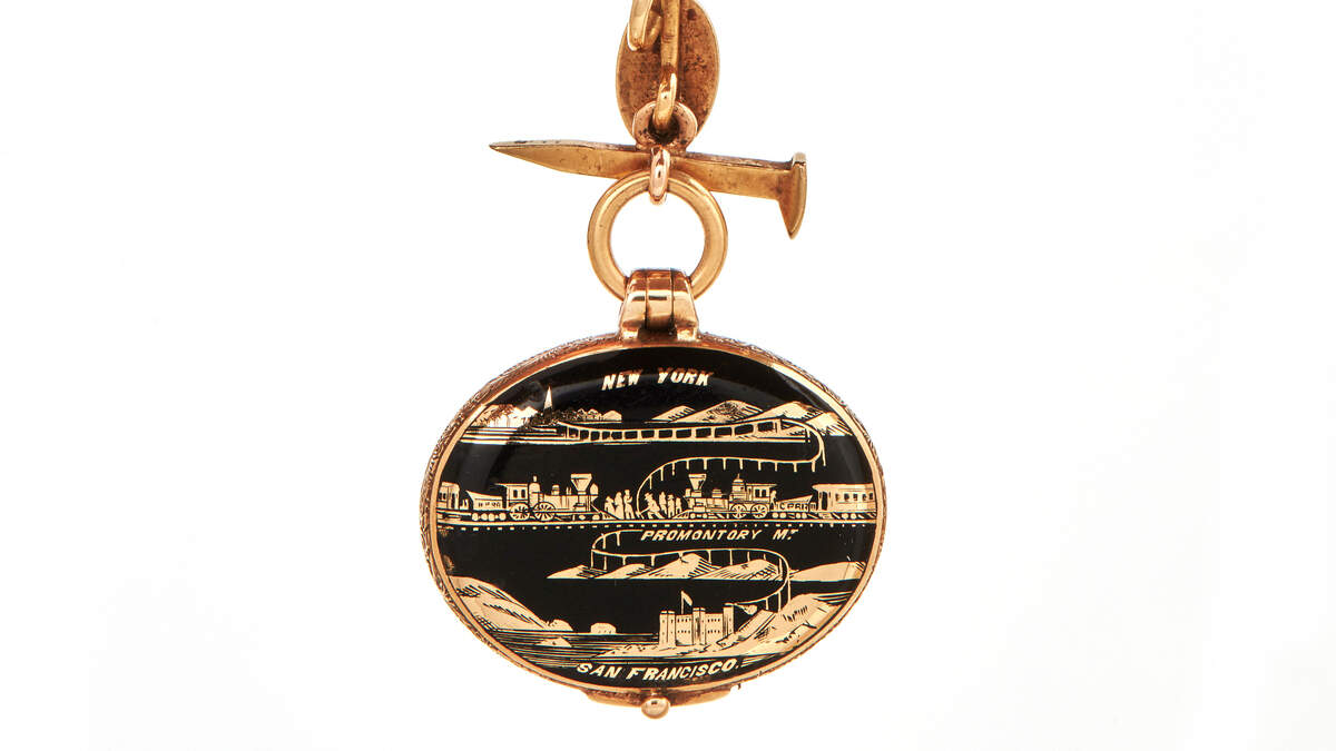The Golden Spike locket will be on display at Witherell’s in Sacramento on March 28 before moving to the California State Railroad Museum in May.