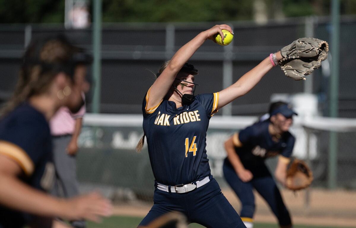 Oak Ridge pitcher Kennedi Freeland pitches in the fourth inning against Whitney High School in the CIF Sac-Joaquin Section Division I softball championship game at Sacramento State on Saturday, May 25, 2024.