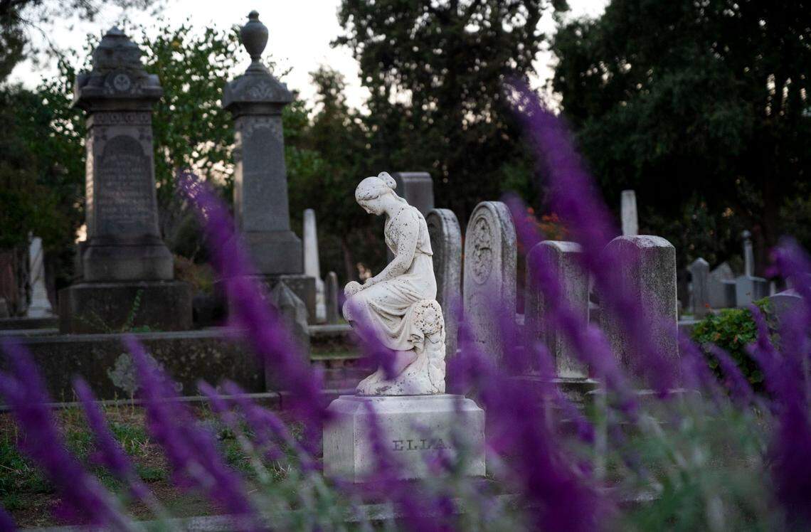 Historic monuments and headstones stand in 2023 at Sacramento’s Old City Cemetery, which dates back to mid-19th century.