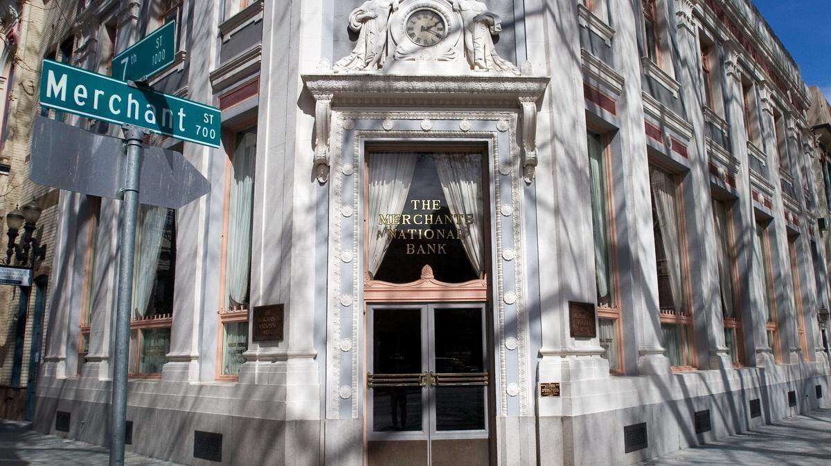 A Merchants Bank of Commerce branch, as located at Seventh and Merchant streets in Downtown Sacramento. The branch will keep its name even as ownership changes.
