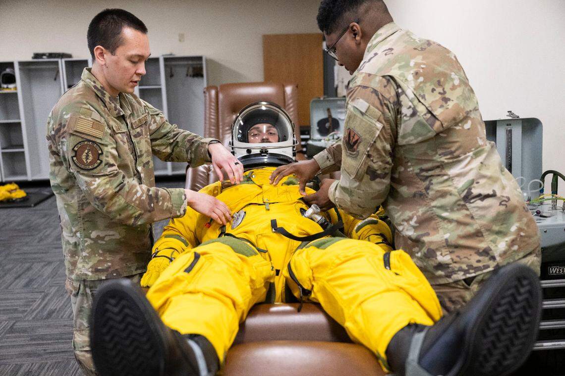 Capt. Blitz is suited up for a flight in a U-2 Dragon Lady reconnaissance aircraft earlier this month. The pressure suit will protect him as he flies more than 60,000 feet above the ground.
