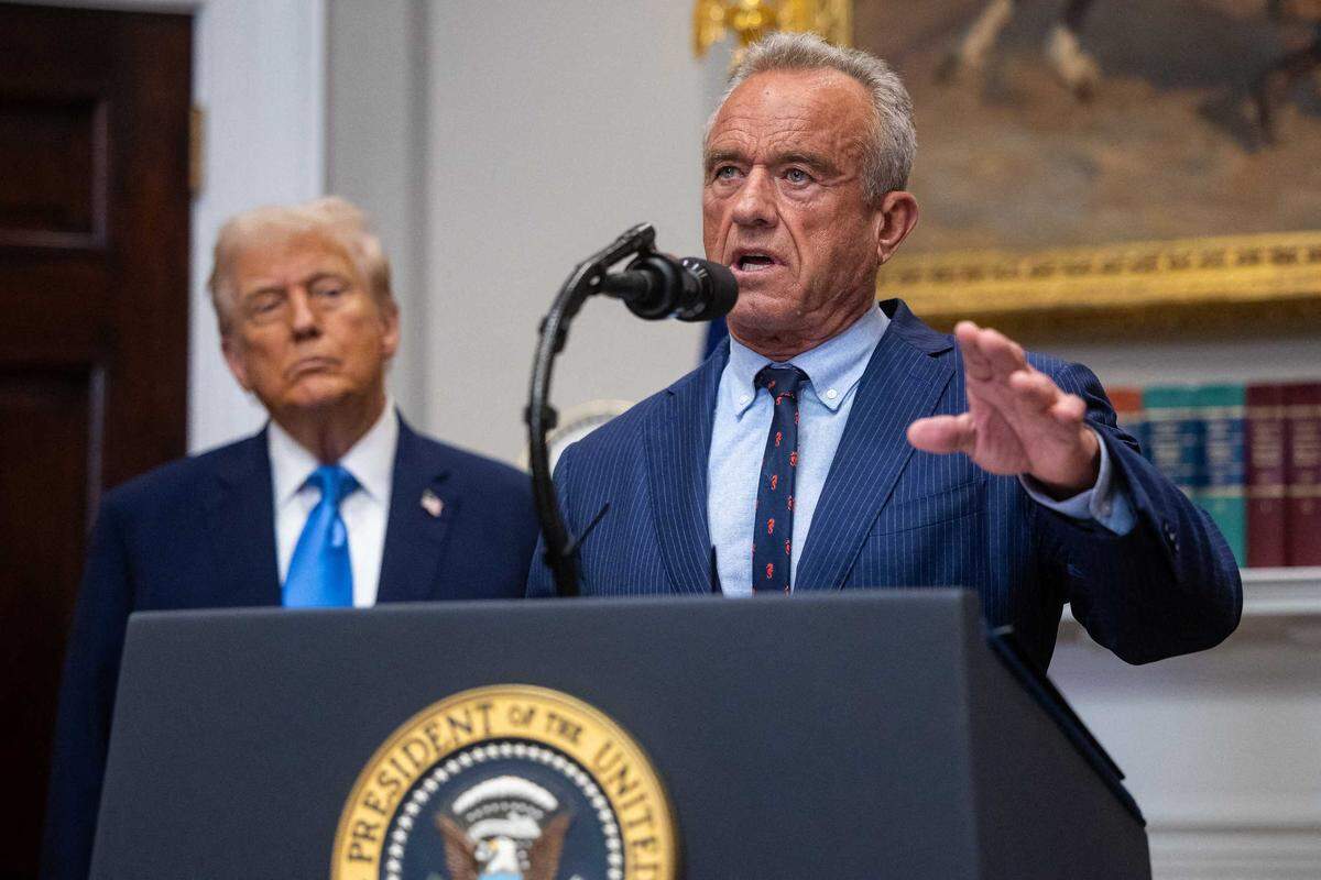 President Donald Trump, left, and Health and Human Services Secretary Robert F. Kennedy Jr. make announcements on autism in the Roosevelt Room at the White House on Monday.