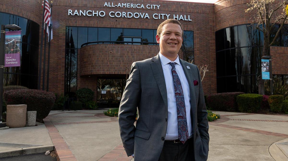 Garrett Gatewood, Rancho Cordova first African American mayor, stands in front of city hall Friday, Feb. 26, 2021.