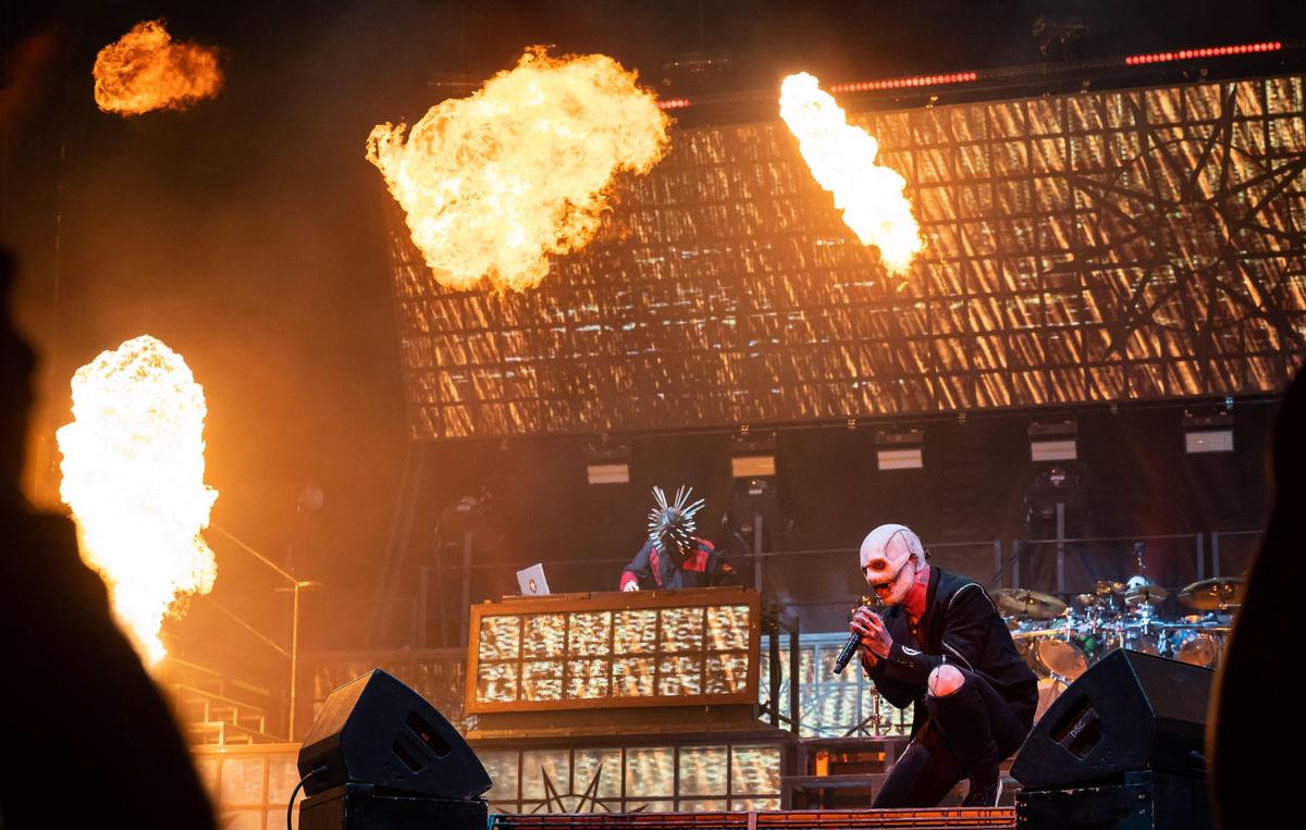 Slipknot lead vocalist Corey Taylor sings beneath pyrotechnics on the Jack Daniel’s Stage on opening night of the Aftershock rock festival Thursday.