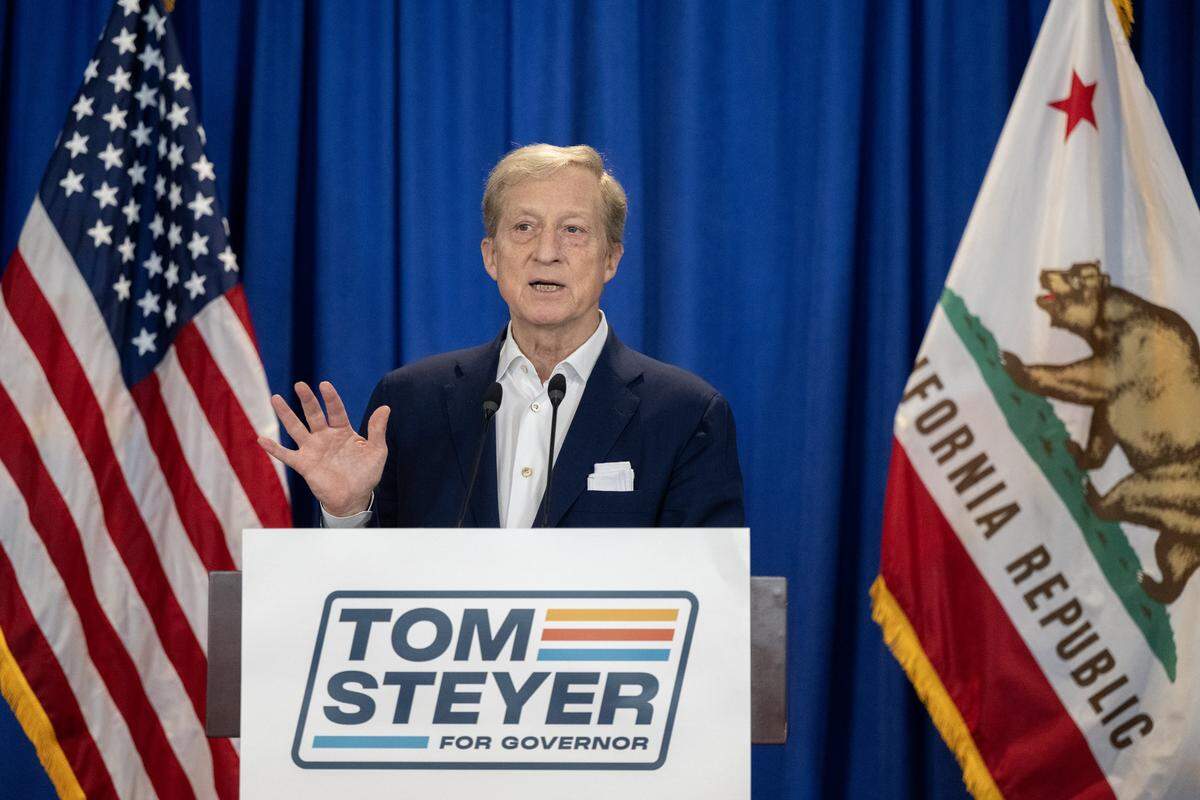 Billionaire entrepreneur and activist Tom Steyer, who is running for governor as a Democrat, speaks at a news conference at the Urban Hive in Sacramento on Wednesday. 