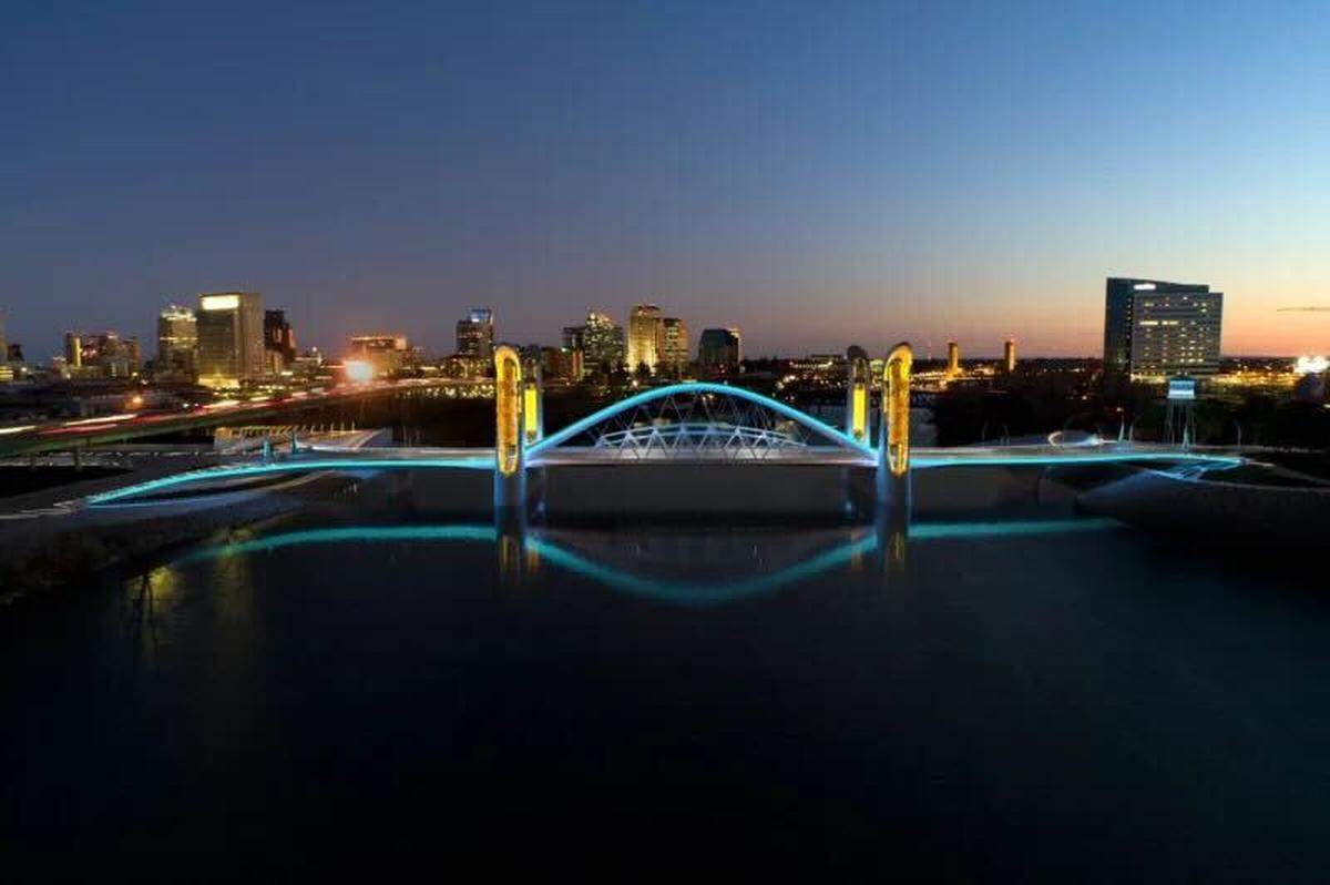 A dusk, sunset view rendering of the I Street Bridge reconstruction project