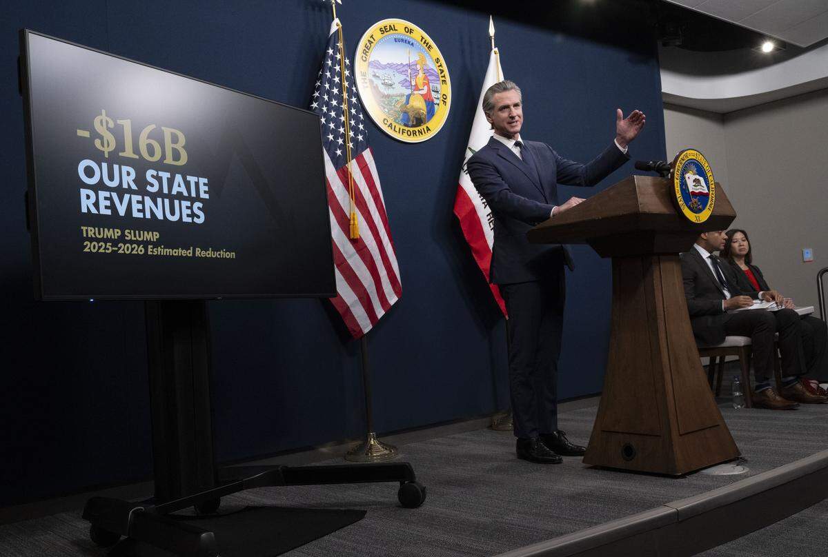 Gov. Gavin Newsom discusses California's budget deficit during the presentation of his May revision to the state budget in the Capitol Swing Space.